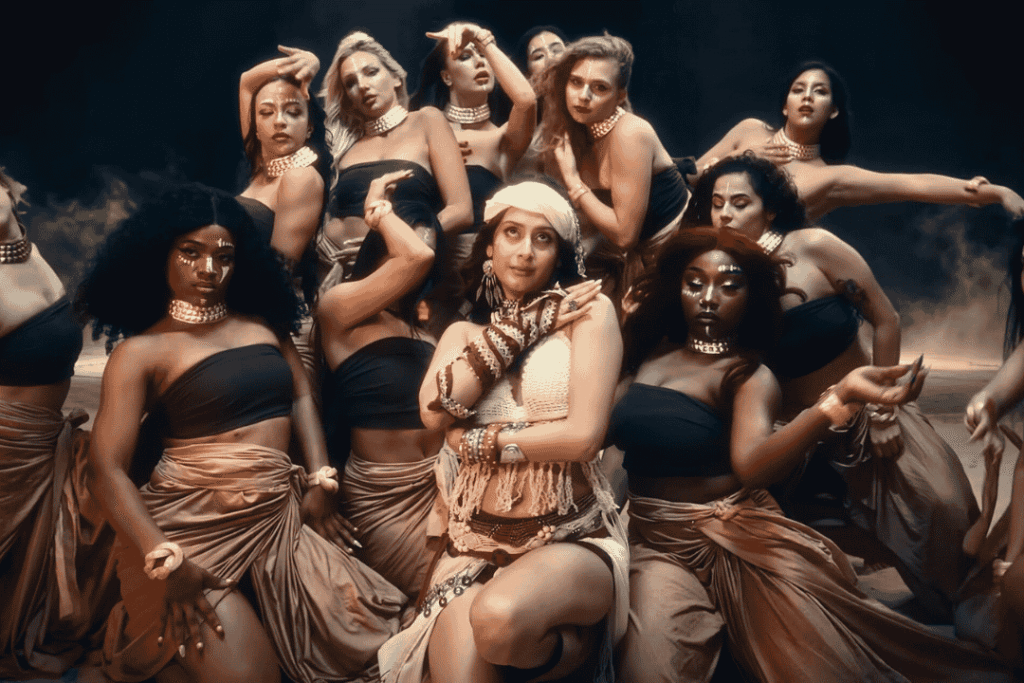 ईशा मालवीय अपने tribal look और background dancers के साथ main tere ishq mein 2. 0 song के music video में dance करते हुए